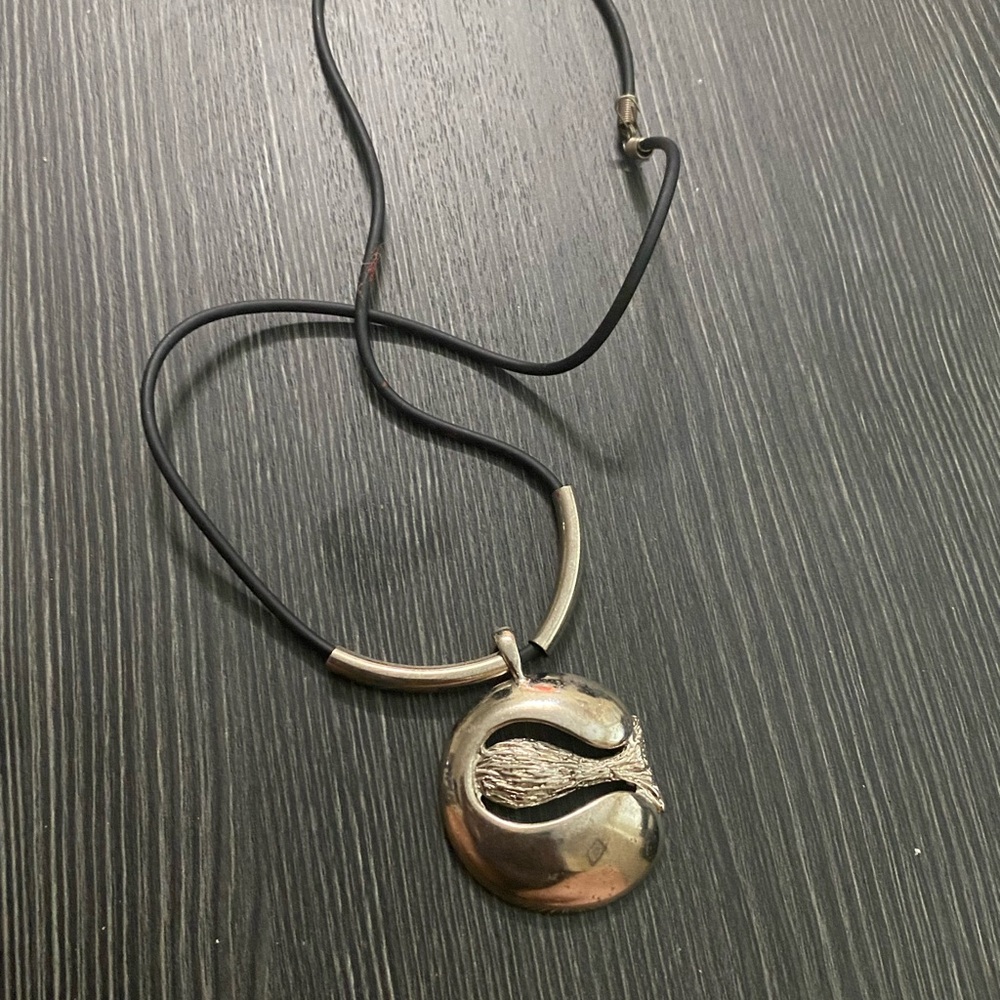 Silver Round Pendant Necklace on Black Cord